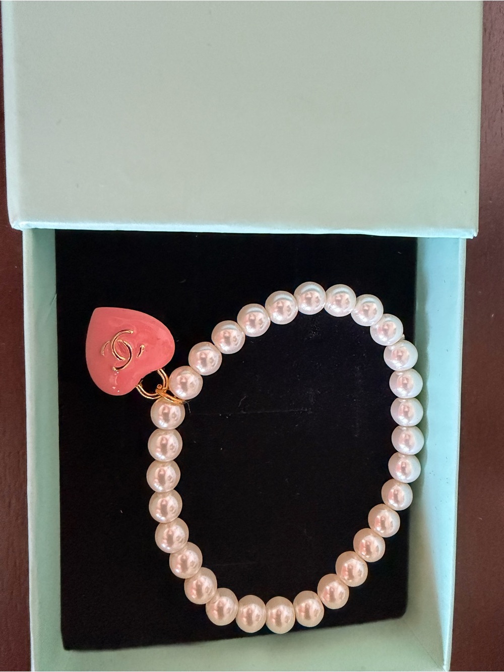 Pearl Bead Bracelet with Pink Heart Charm and Gold Accent